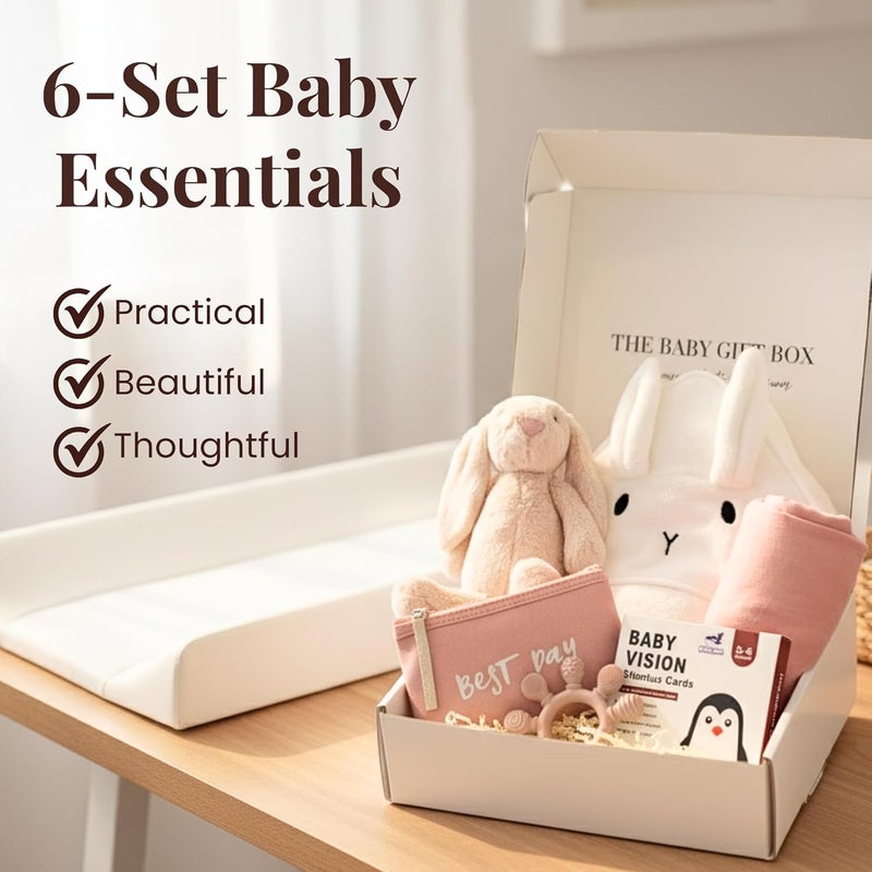 Tiny Treasures New Baby Gift Basket Set with Adorable Newborn Essentials for Baby Girl and Boy | Quality Baby Shower Gift Baskets with Soft Swaddle Blanket | Cutest Newborn Gift Set, Gift-Ready Packaging (Pink) - Image 2
